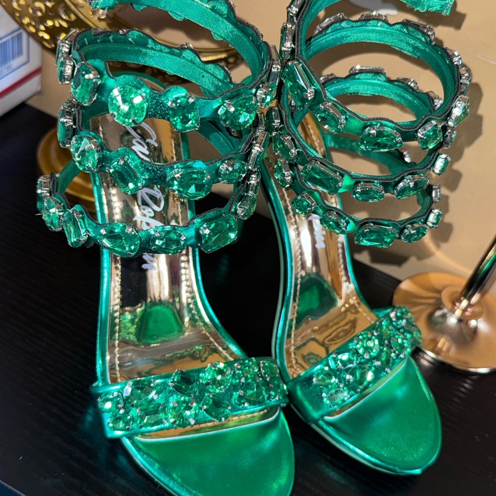 Emerald Jeweled Strappy High Heel Sandals - Women